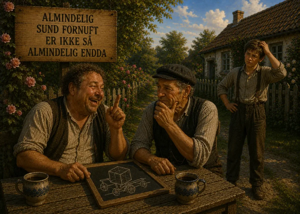 Almindelig sund fornuft er ikke så almindelig endda – illustration af dansk ordsprog om logik, erfaring og menneskelig dumhed.