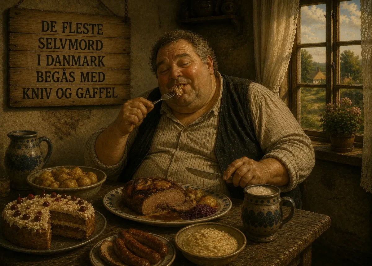 De fleste selvmord i Danmark begås med kniv og gaffel – humoristisk illustration af dansk talemåde om overspisning og usund livsstil.