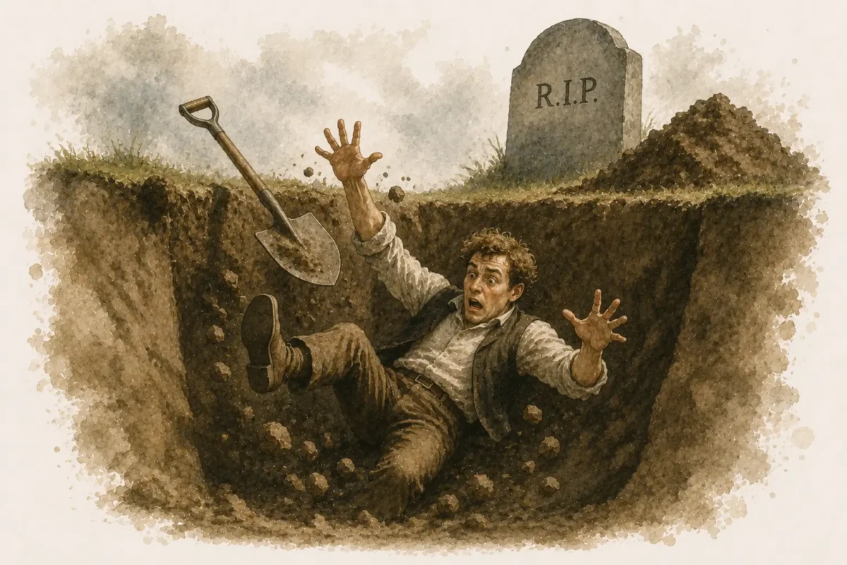 Den der graver en grav for andre, falder selv deri – illustration af dansk ordsprog med mand, der falder i sin egen grav.