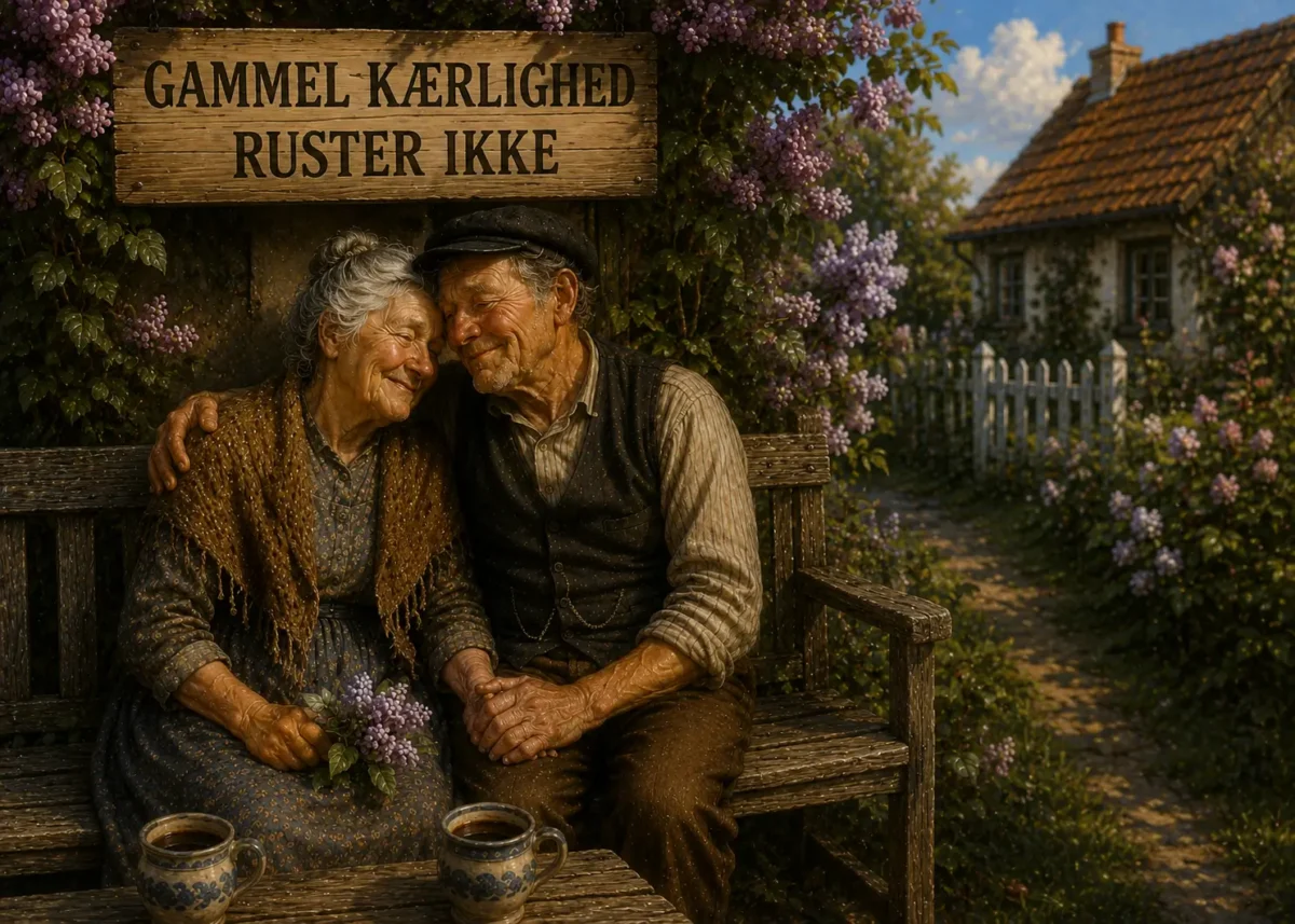 Gammel kærlighed ruster ikke – illustration af dansk ordsprog med ældre par, der stadig elsker hinanden.