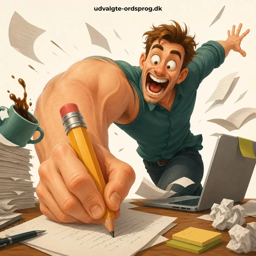 Humoristisk illustration af en mand der giver den hele armen med en absurd stor og kraftfuld arm.