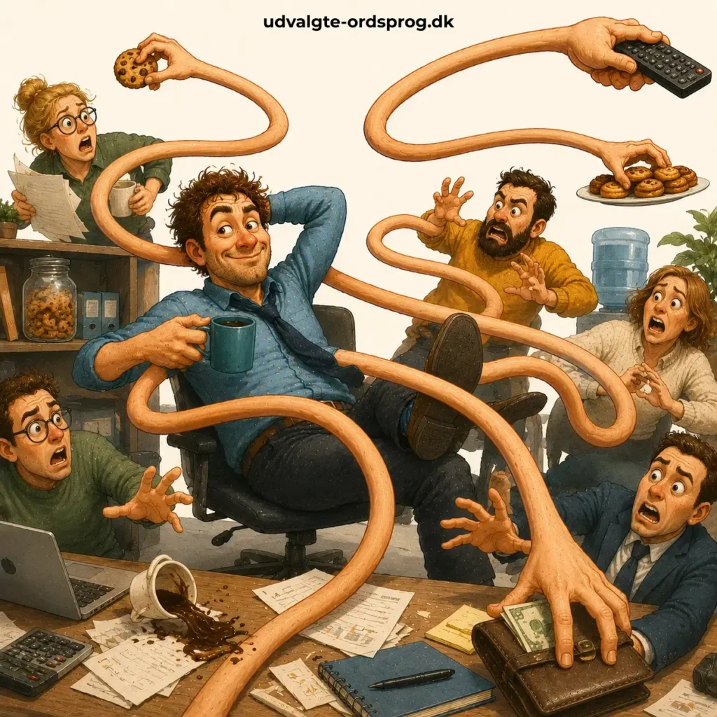 Humoristisk illustration af en mand med ekstremt lange arme der rækker efter ting overalt.