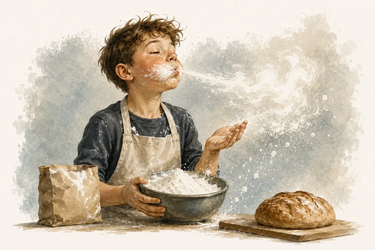 Man kan ikke både blæse og have mel i munden – illustration af dansk ordsprog med dreng, der blæser mel ud af munden, mens han holder en skål mel.