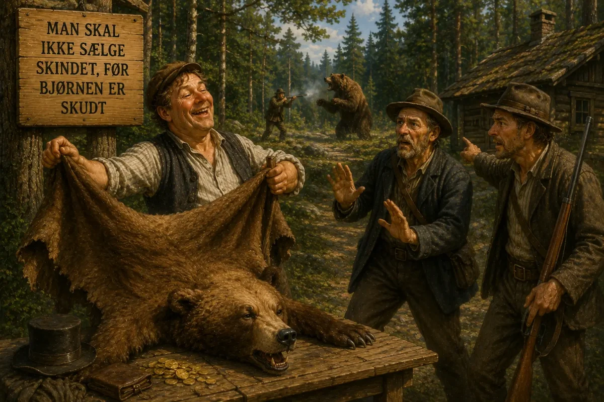 Man skal ikke sælge skindet, før bjørnen er skudt – illustration af dansk ordsprog med jægere, der fejrer for tidligt.