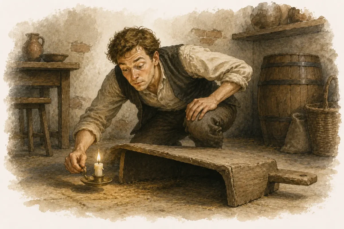 Man skal ikke sætte sit lys under en skæppe – illustration af dansk ordsprog med en skjult lanterne under en kurv, mens omgivelserne ligger i mørke.