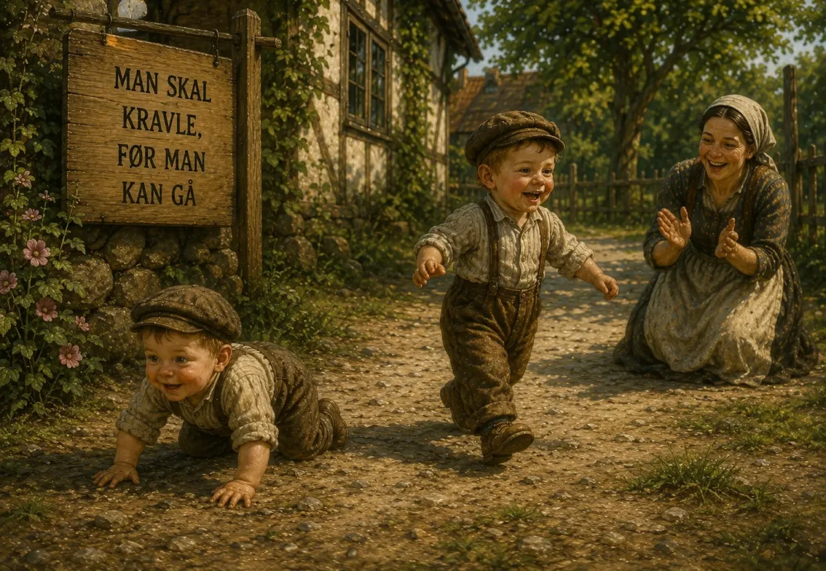 Man skal kravle, før man kan gå – illustration af dansk ordsprog med barn på vej mod sine første skridt.