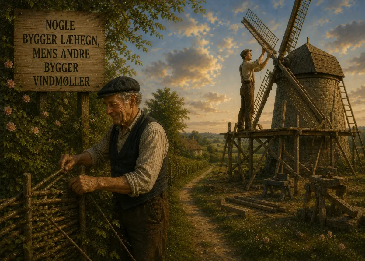 Nogle bygger læhegn, mens andre bygger vindmøller – illustration af dansk ordsprog med læhegnsbygger og møllebygger i samme blæst.