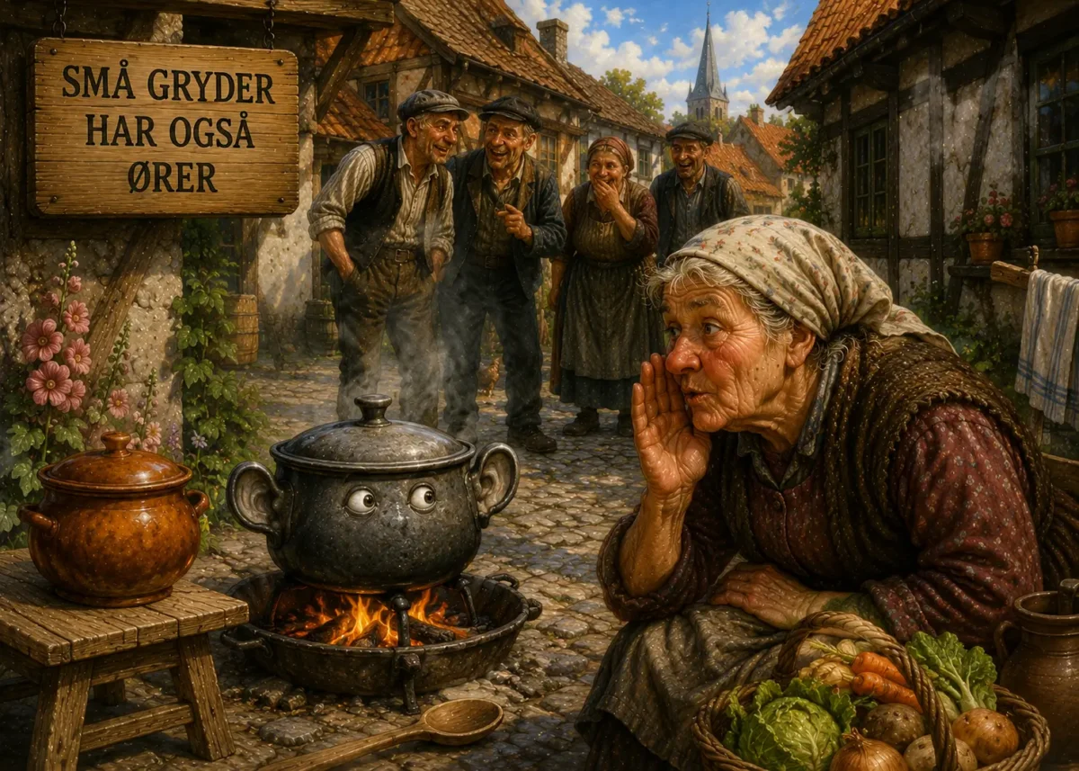 Små gryder har også ører – illustration af dansk ordsprog med gryde med store ører, der lytter med.