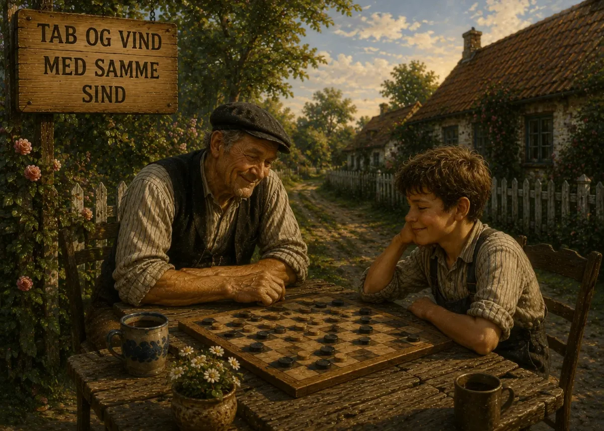 Tab og vind med samme sind – illustration af dansk ordsprog med spillere, der tager både sejr og nederlag med ro.