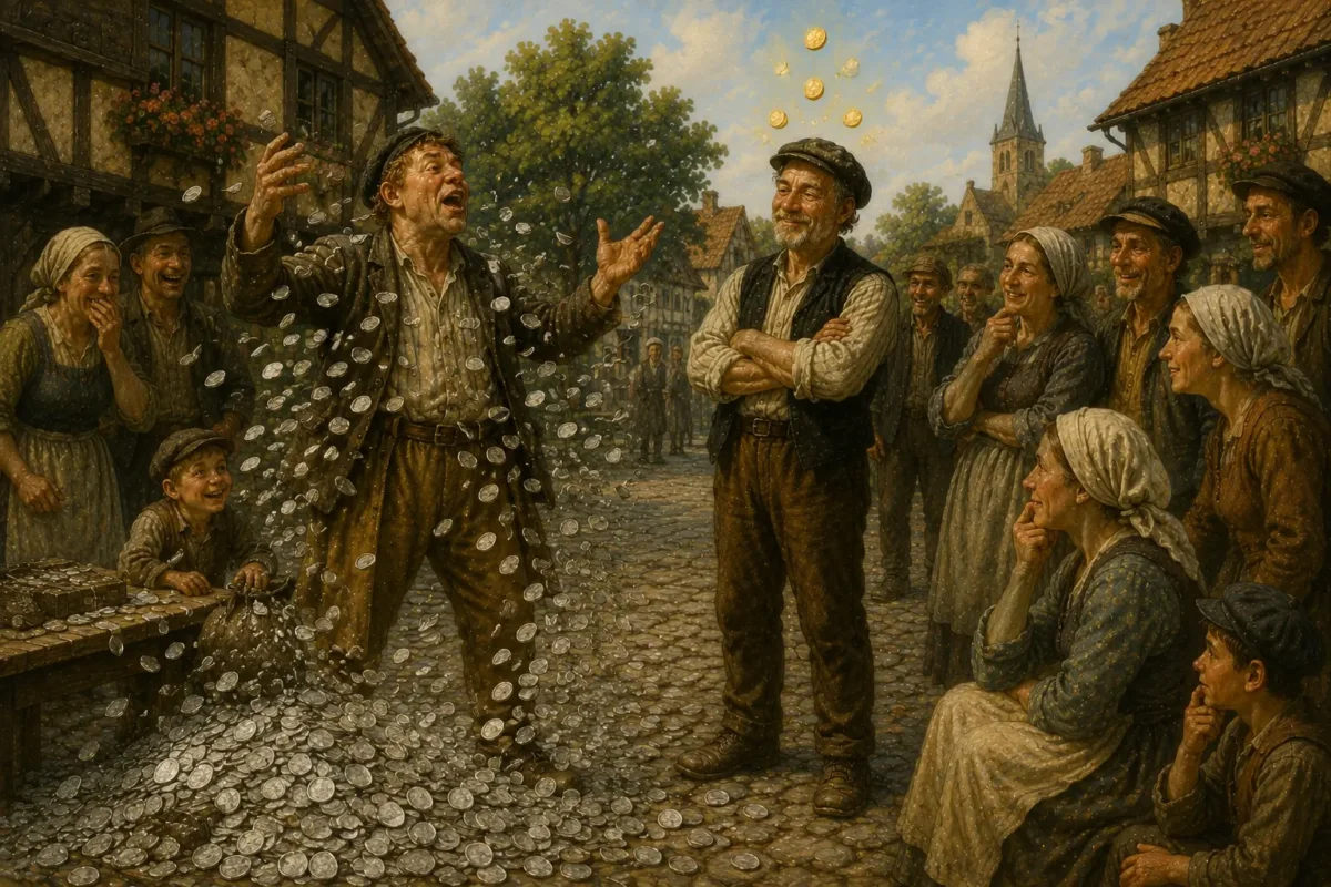 Tale er sølv, tavshed er guld – illustration af dansk ordsprog med sølvmønter og gyldne symboler for visdom.